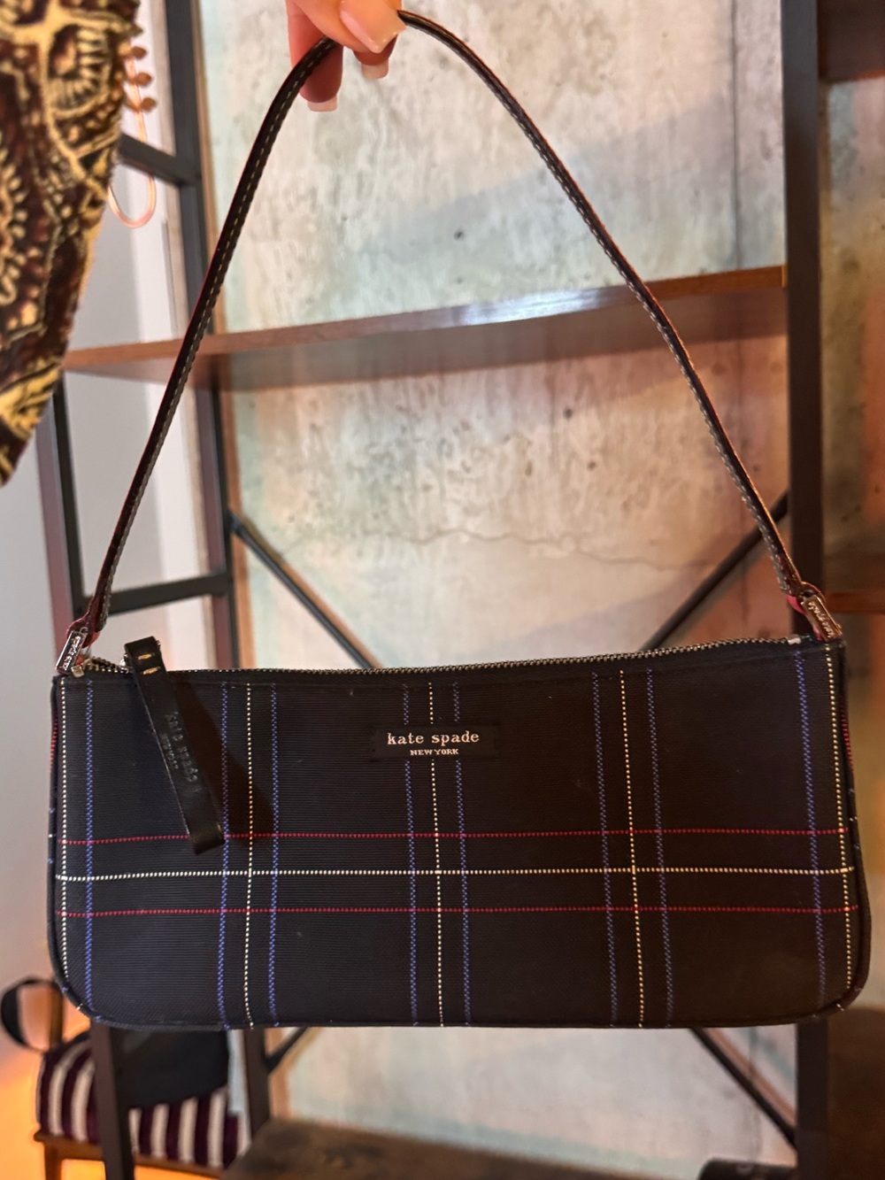 kate spade Black Plaid Mini Shoulder Bag with Red & Blue Accents - Vintage